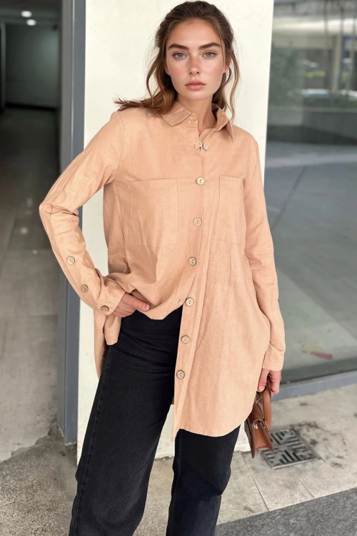 Kahve Düğme Detaylı Oversize Uzun Kollu Gömlek BCBSK-25700-3558
