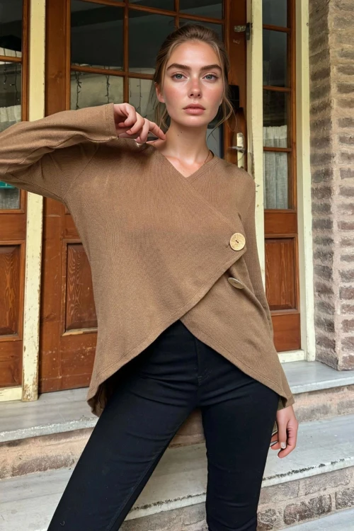 Kahve Şal Yaka Asimetrik Kesim Düğmeli Salaş Hırka BCBSK-25700-3328