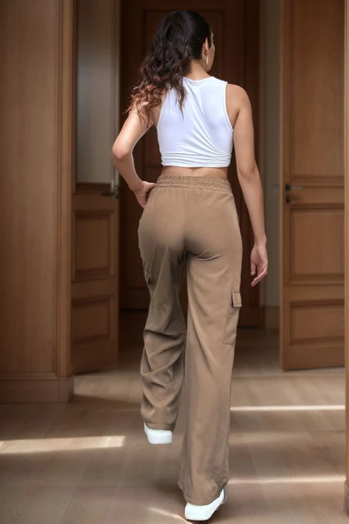 Kahve Yanı Cepli Beli Lastikli Bol Paça Salaş Pantolon BCBSK-25700-3600