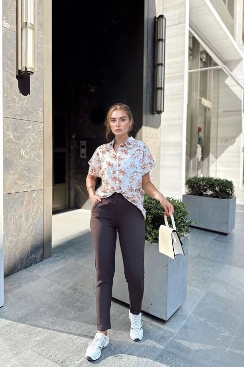 Kahve Yüksek Bel Cepli Piliseli Duble Paça Pantolon BCBSK-25700-3173