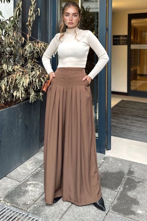 Kahve Yüksek Bel Salaş Pantolon BCBSK-25700-3538