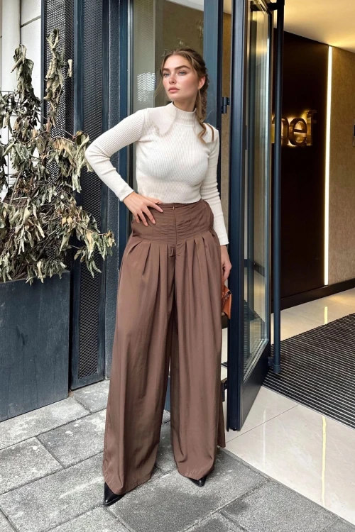 Kahve Yüksek Bel Salaş Pantolon BCBSK-25700-3538