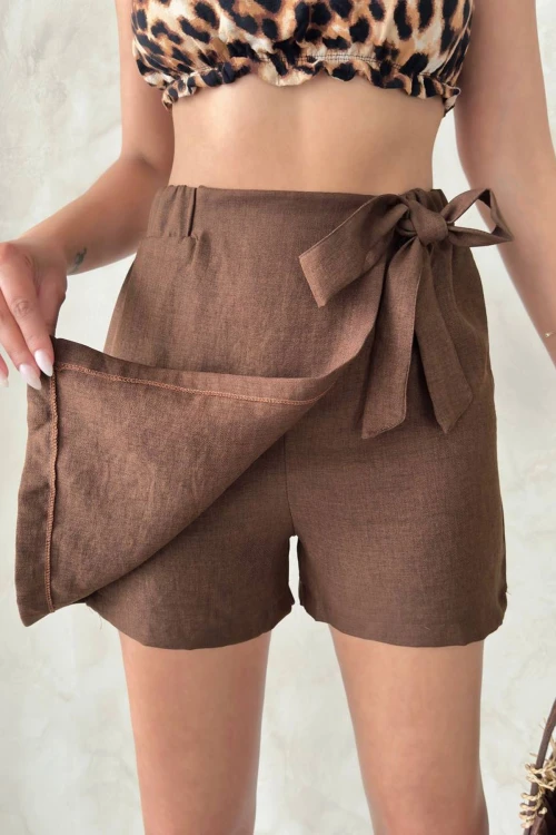 Kahverengi Fiyonklu Önü Parçalı Dokuma Şort Etek BCHN-25255021