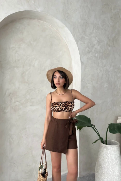 Kahverengi Fiyonklu Önü Parçalı Dokuma Şort Etek BCHN-25255021