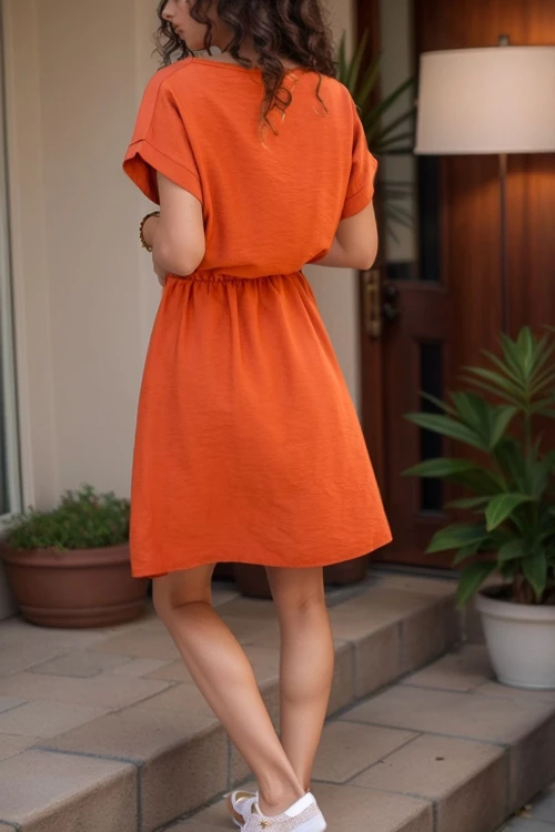 Kiremit Beli Büzgülü Yakası Yırtmaçlı Keten Elbise BCBSK-25700-2874