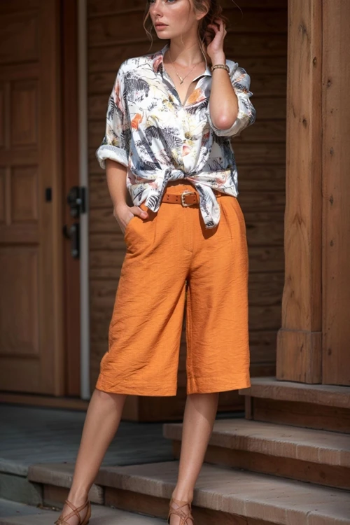 Kiremit Cepli Duble Paça Keten Bermuda Şort BCBSK-25700-2912