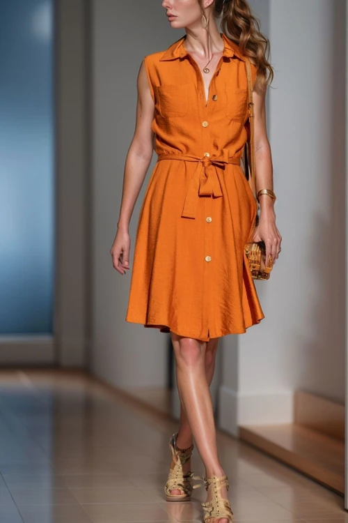 Kiremit Kendinden Kemerli Çift Cep Kiloş Keten Gömlek Elbise BCBSK-25700-2945