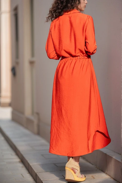 Kiremit Keten Beli Büzgülü Hasır Kemerli Gömlek Elbise BCBSK-25700-2837