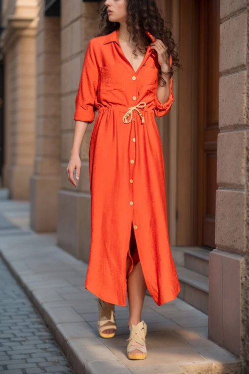 Kiremit Keten Beli Büzgülü Hasır Kemerli Gömlek Elbise BCBSK-25700-2837