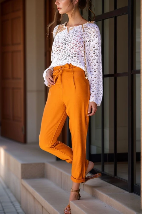 Kiremit Yıkamalı Keten Yüksek Bel Kendinden Kemerli Dar Paça Pantolon BCBSK-25700-3118