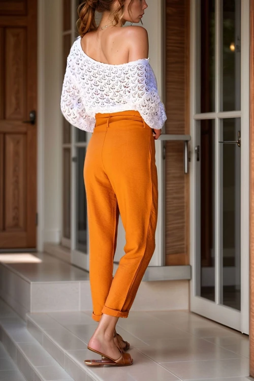 Kiremit Yıkamalı Keten Yüksek Bel Kendinden Kemerli Dar Paça Pantolon BCBSK-25700-3118