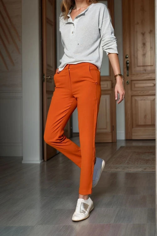 Kiremit Yüksek Bel Bant Şeritli Kalem Pantolon BCBSK-25700-3186