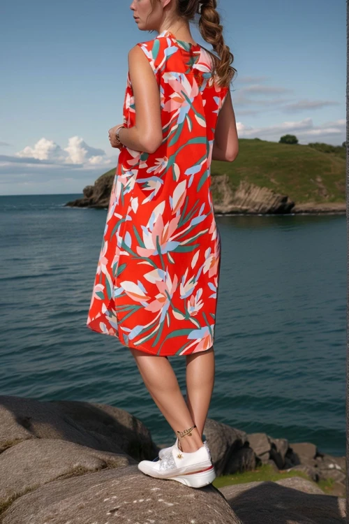 Kırmızı Baskılı Yırtmaçlı Sıfır Kol Elbise BCBSK-25700-3390