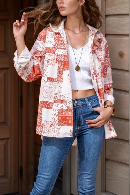 Kırmızı Kendinden Desenli Gabardin Düğmeli Çift Cep Ceket Gömlek BCBSK-25700-3551