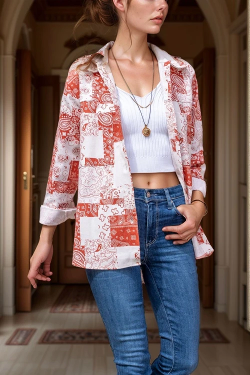 Kırmızı Kendinden Desenli Gabardin Düğmeli Çift Cep Ceket Gömlek BCBSK-25700-3551