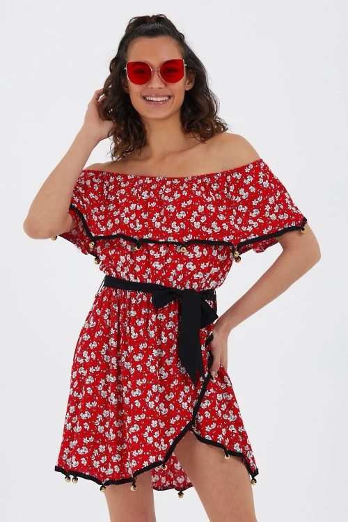 Kırmızı Madonna Yaka Desenli Volanlı Dokuma Elbise BCVL-251000ELB