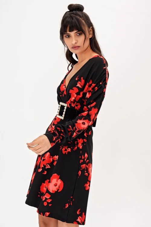 Kırmızı V Yaka Çiçek Desenli Elbise BCBSK-25700-T4012-1270