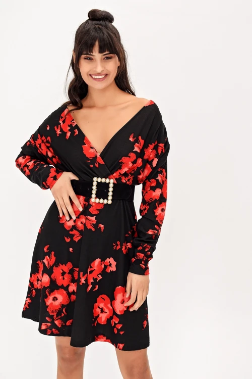 Kırmızı V Yaka Çiçek Desenli Elbise BCBSK-25700-T4012-1270