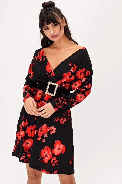 Kırmızı V Yaka Çiçek Desenli Elbise BCBSK-25700-T4012-1270