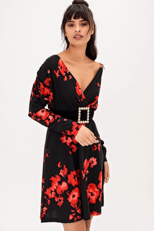 Kırmızı V Yaka Çiçek Desenli Elbise BCBSK-25700-T4012-1270