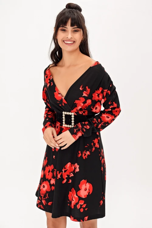 Kırmızı V Yaka Çiçek Desenli Elbise BCBSK-25700-T4012-1270