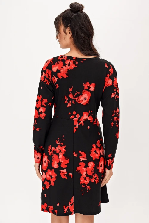 Kırmızı V Yaka Çiçek Desenli Elbise BCBSK-25700-T4012-1270