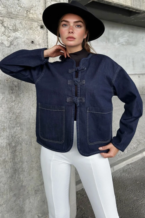 Lacivert Cepli Oversıze Crop Denım Ceket BCBSK-25700-KT00-102