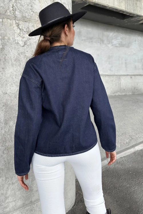 Lacivert Cepli Oversıze Crop Denım Ceket BCBSK-25700-KT00-102