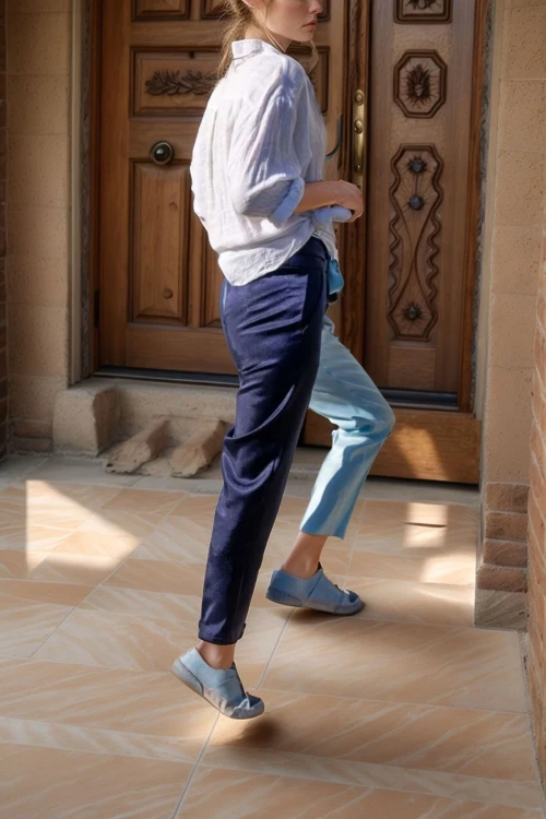 Lacivert Color Block Kemerli Parlak Pantolon BCBSK-25700-3133