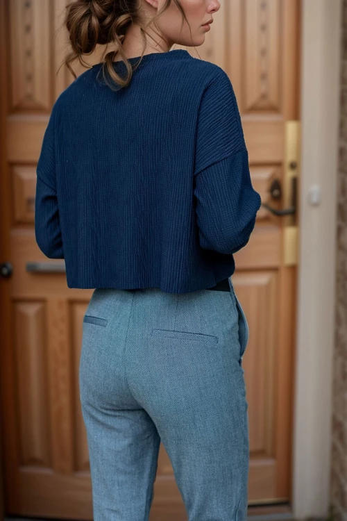 Lacivert Kendinden Dokulu Cepli Crop Salaş Sweatshirt BCBSK-25700-3321