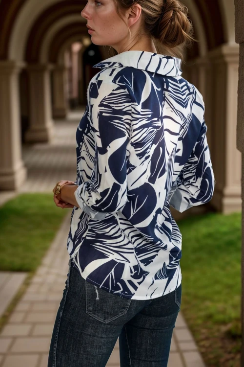 Lacivert Yaprak Desenli Gömlek BCBSK-25700-T4013-1250