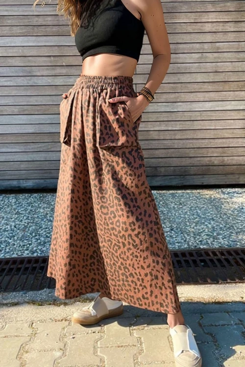 Leopar Kendinden Desenli Gabardin Çift Cep Beli Lastikli Uzun Etek BCBSK-25700-3553