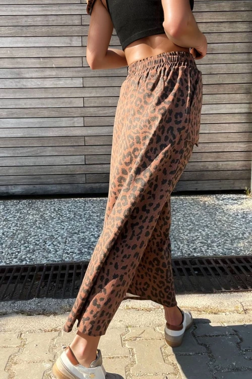 Leopar Kendinden Desenli Gabardin Çift Cep Beli Lastikli Uzun Etek BCBSK-25700-3553