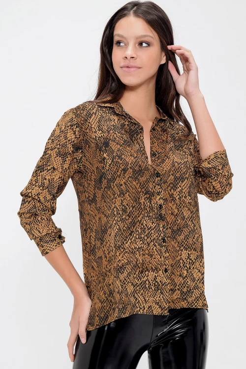 Leopar Uzun Kollu Düğmeli Oversize Gömlek BCBSK-25700-NEW1010