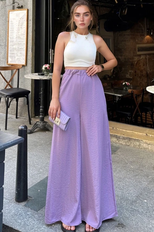 Lila Beli Lastikli Cepli Bol Paça Yumuşak Dokulu Salaş Pantolon BCBSK-25700-3391