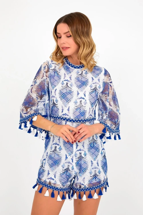 Mavi Dik Yaka Sırt Dekolteli İçi Astarlı Püskül Detaylı Tül Tulum