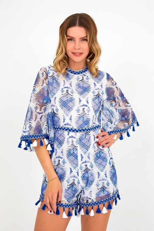 Mavi Dik Yaka Sırt Dekolteli İçi Astarlı Püskül Detaylı Tül Tulum