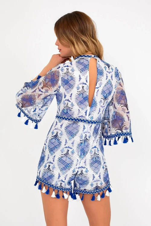 Mavi Dik Yaka Sırt Dekolteli İçi Astarlı Püskül Detaylı Tül Tulum