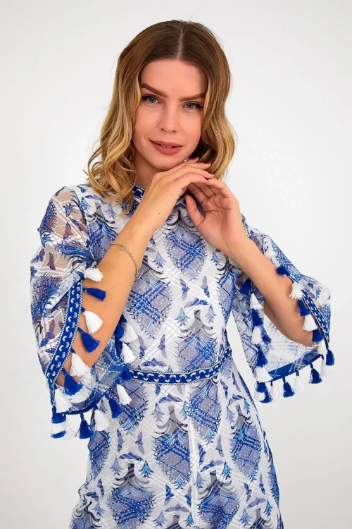 Mavi Dik Yaka Sırt Dekolteli İçi Astarlı Püskül Detaylı Tül Tulum