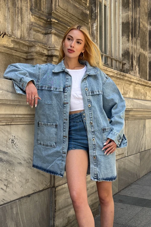 Mavi Düğmeli Çift Cep Oversize Denim Gömlek Ceket BCDF-245415