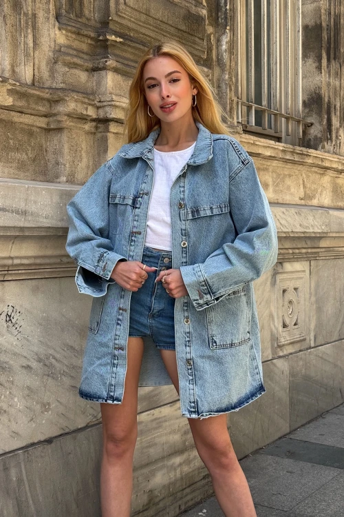 Mavi Düğmeli Çift Cep Oversize Denim Gömlek Ceket BCDF-245415