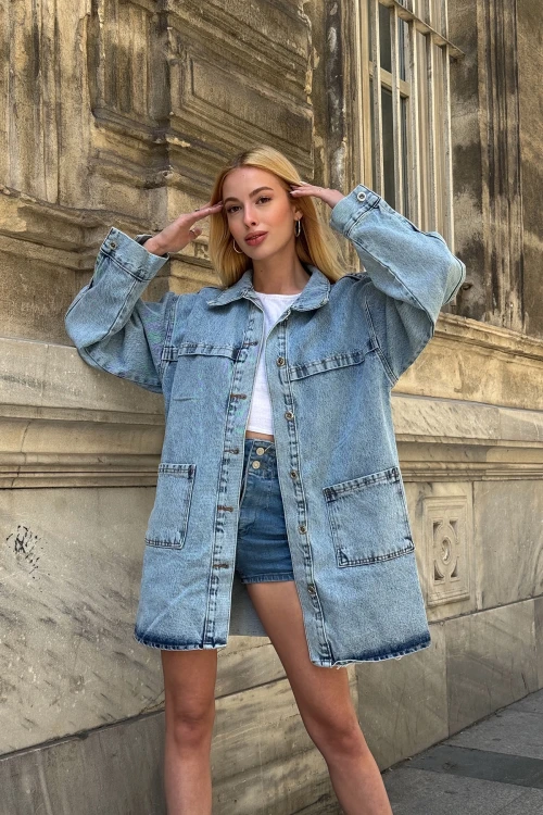 Mavi Düğmeli Çift Cep Oversize Denim Gömlek Ceket BCDF-245415