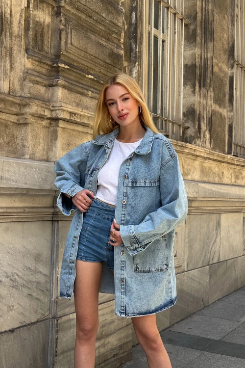 Mavi Düğmeli Çift Cep Oversize Denim Gömlek Ceket BCDF-245415