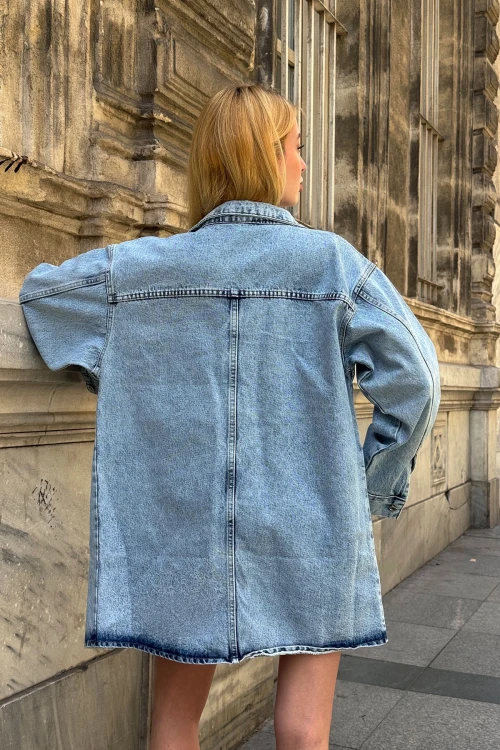 Mavi Düğmeli Çift Cep Oversize Denim Gömlek Ceket BCDF-245415