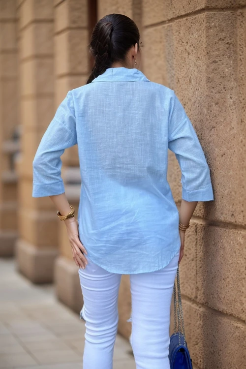 Mavi Keten Görünümlü Tek Cep Truvakar Kol Salaş Gömlek BCBSK-25700-3619