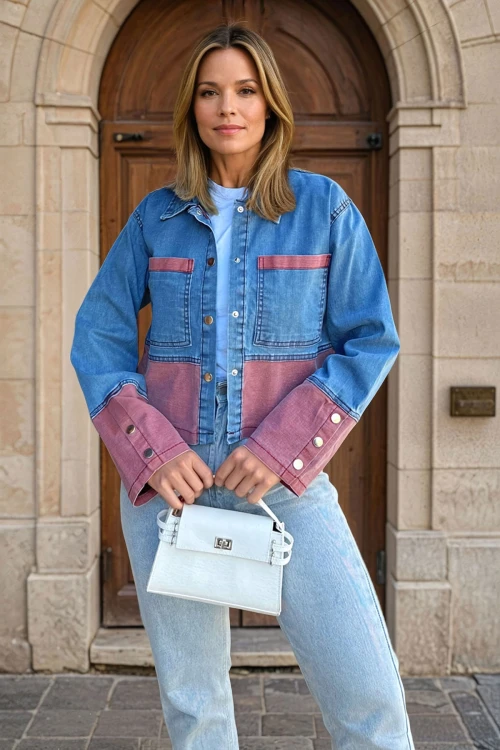 Mavi Kırmızı Garnili Çift Cep Metal Çıtçıtlı Kot Ceket BCBSK-25700-KT0072