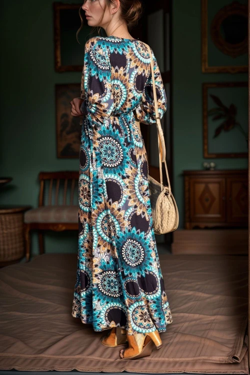 Mavi Kruvaze Yaka Kısa Kol Maxi Boy Elbise BCBSK-25700-K5222