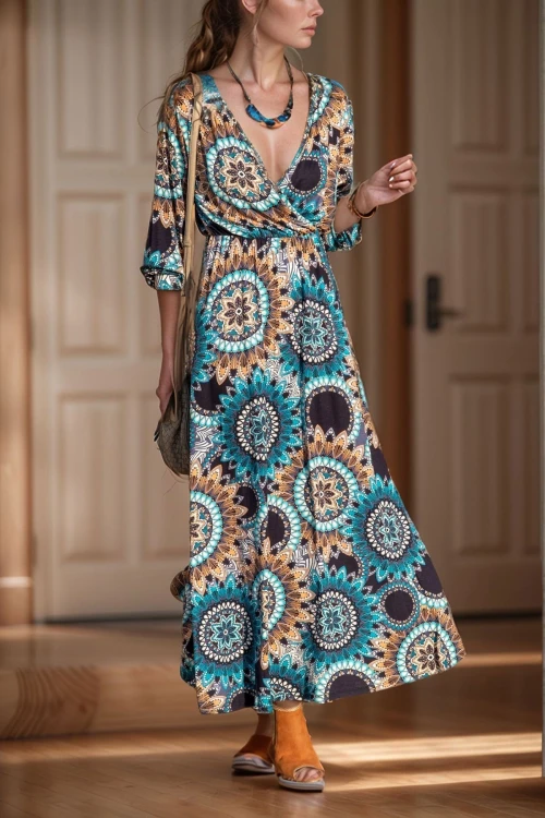 Mavi Kruvaze Yaka Kısa Kol Maxi Boy Elbise BCBSK-25700-K5222