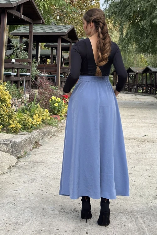 Mavi Yüksek Bel Lastikli Uzun Etek BCBSK-25700-3676