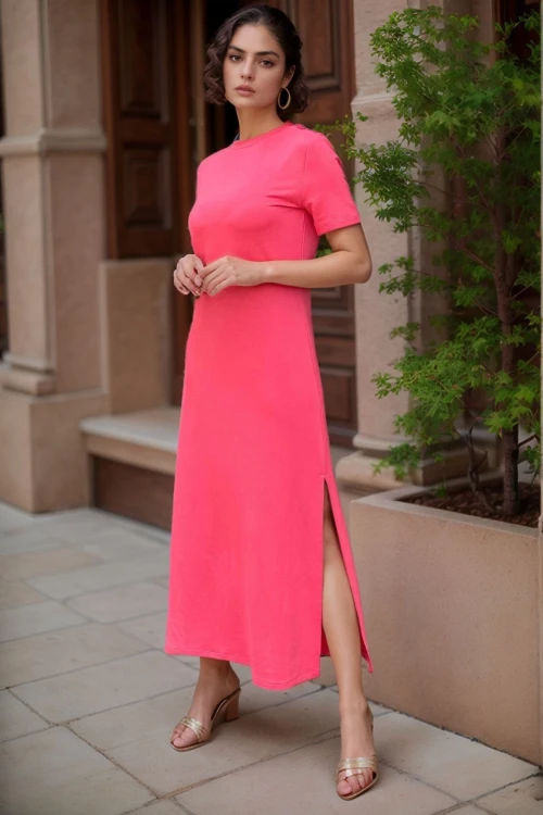 Mercan Omzu Düğmeli Yırtmaçlı Uzun Elbise BCBSK-25700-3618